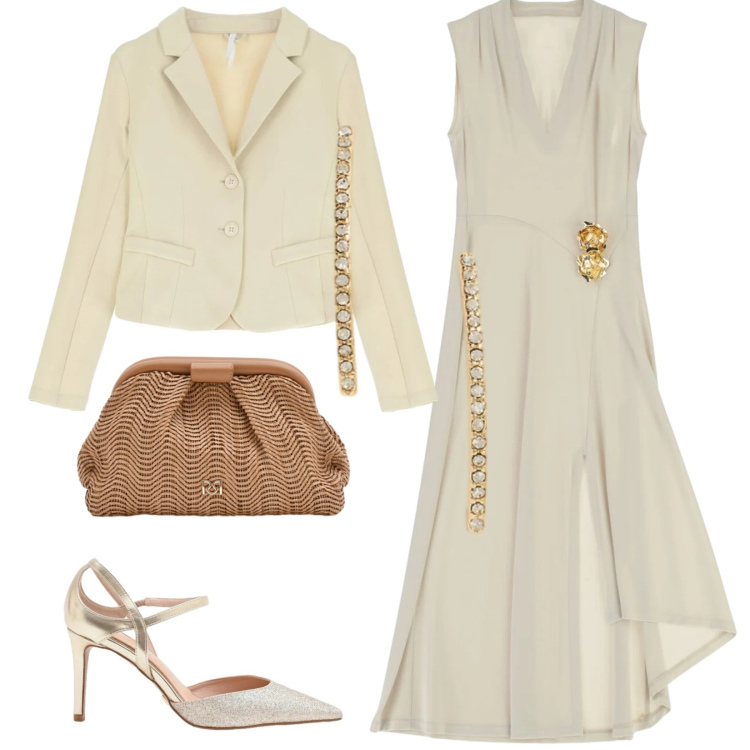 Outfit donna - Cerimonia in vista. Stile Glamour per Cerimonia. Abbinamento con vestiti midi/longuette, blazer, pochette, décolleté, orecchini.