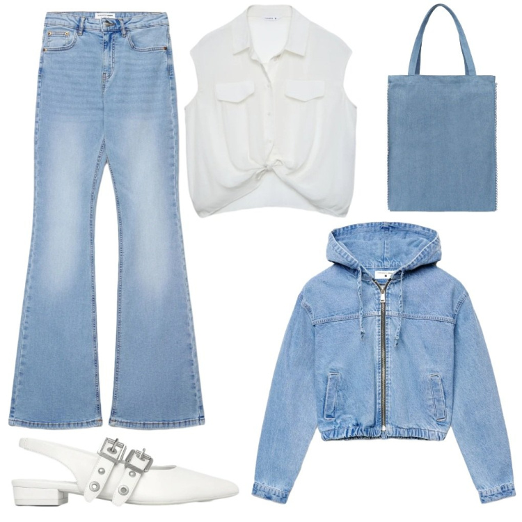 Outfit donna - Michela: w il denim!. Stile Sporty chic per Tutti i giorni. Abbinamento con borse tote, bomber, jeans a zampa, ballerine, camicie.
