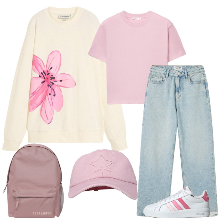 Outfit donna - Scuola. Stile Casual per Scuola/Università. Abbinamento con felpe, jeans, t-shirt, zaini, cappelli con visiera, sneakers.