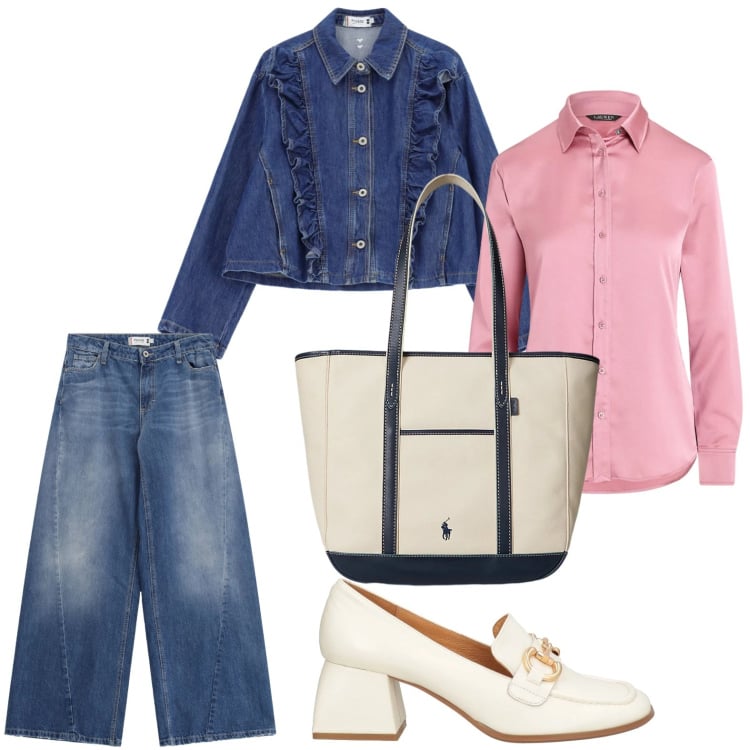 Outfit donna - Denim rouches. Stile Glamour per Tutti i giorni. Abbinamento con mocassini, jeans, blazer, borse tote, camicie.