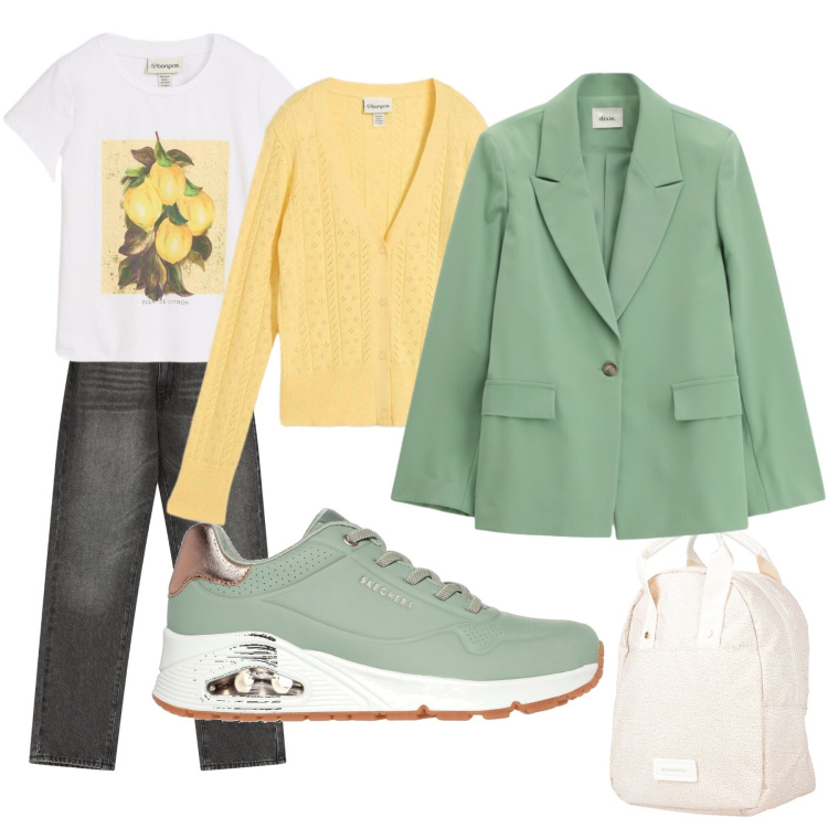 Outfit donna - verde-grigio. Stile Basic per Tutti i giorni. Abbinamento con zaini, t-shirt, cardigans, jeans dritti, blazer, sneakers.
