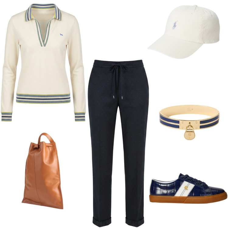 Outfit donna - Total look #2355036. Abbinamento con zaini, polo, pantaloni, sneakers, braccialetti con ciondoli, cappelli con visiera.