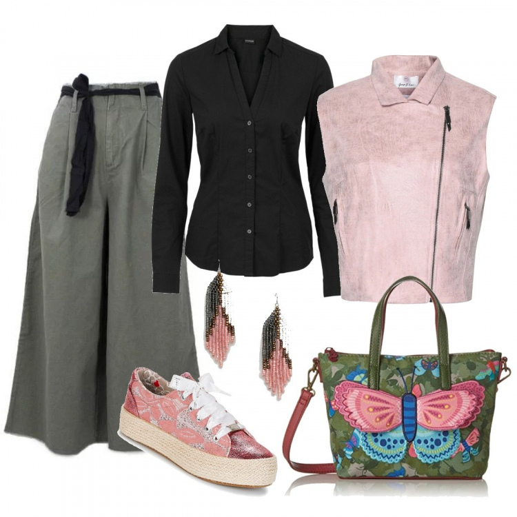 Outfit donna - Farfalle urbane. Stile Urban per Tutti i giorni. Abbinamento con camicie, giubbotto effetto scamosciato collo con revers interno foderato tinta unita, scarpe nero e rosa, pantalone wide leg cropped in cotone verde, borsa a tracolla verde e kaki, orecchini pendenti lenti sfumate.