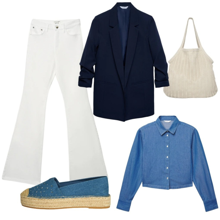Outfit donna - Teresa: perfetta!. Stile Casual per Tutti i giorni. Abbinamento con blazer, jeans a zampa, shopping bag, camicie, espadrillas.