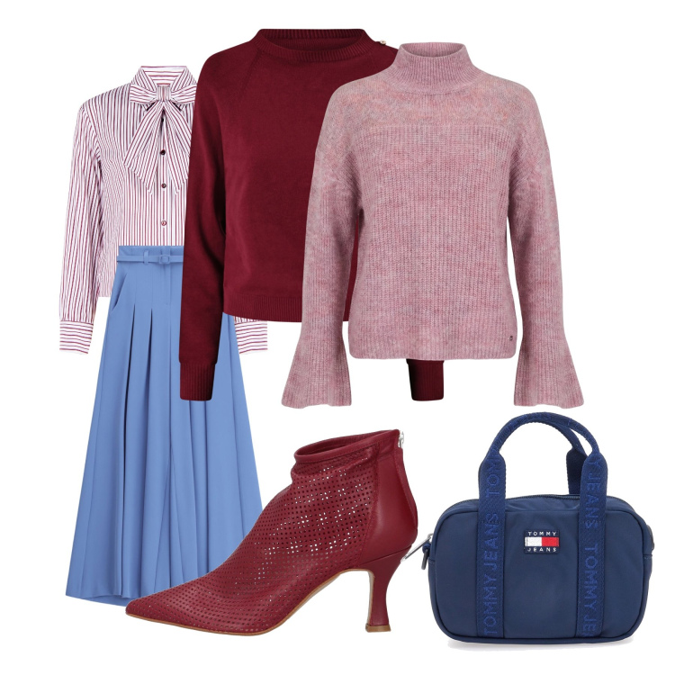 Outfit donna - Rosso - blu. Stile Basic per Serata fuori. Abbinamento con stivaletti, maglieria, pantaloni a palazzo, camicie, maglieria, borse a tracolla.