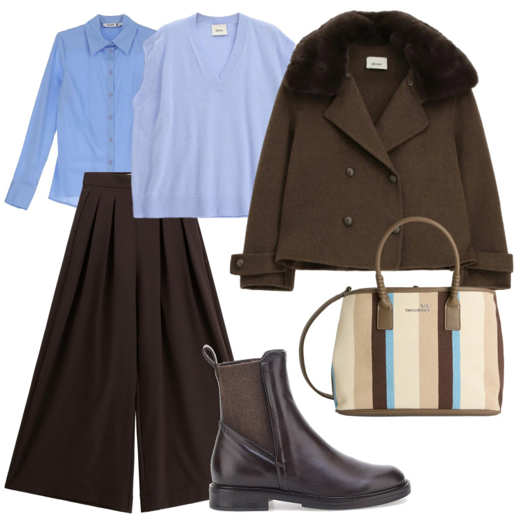 Outfit donna - Look. Stile Casual chic per Ufficio. Abbinamento con shopping bag, pantaloni a palazzo, blazer, maglieria, camicie, stivaletti chelsea.