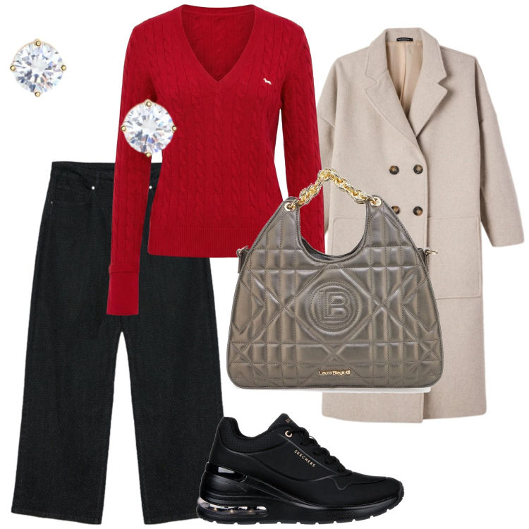 Outfit donna - Ancora freddo. per Tutti i giorni. Abbinamento con pullovers, cappotti, jeans dritti, orecchini, borse a mano, sneakers.