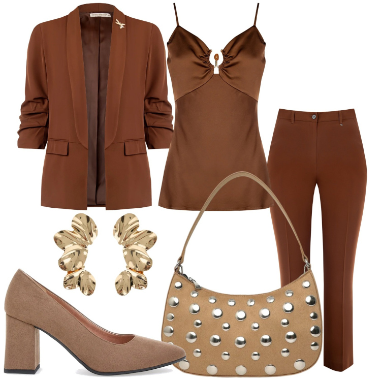 Outfit donna - In marrone castagna. Stile Chic per Tutti i giorni. Abbinamento con borse a tracolla, orecchini, canottiere, blazer, pantaloni, décolleté.