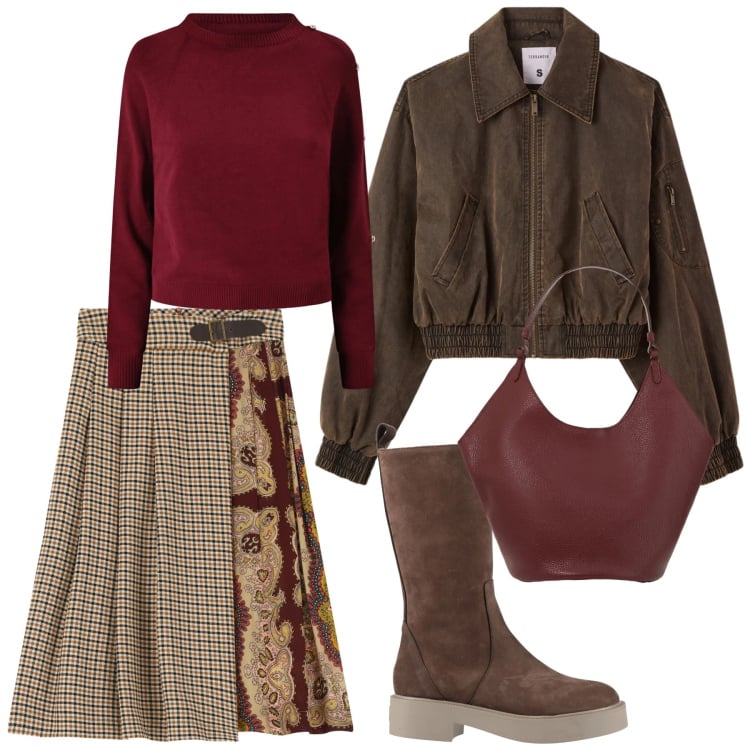 Outfit donna - Look. Stile Casual chic per Tutti i giorni. Abbinamento con stivali, bomber, borse a spalla, gonne, maglieria.