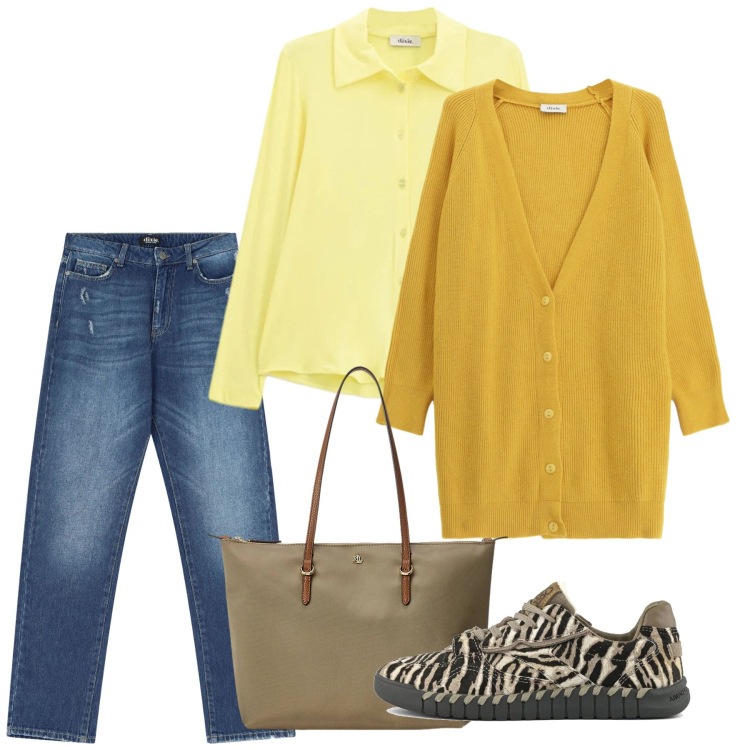 Outfit donna - Marzo. Stile Basic per Scuola/Università. Abbinamento con jeans dritti, cardigans, camicie, borse tote, sneakers.