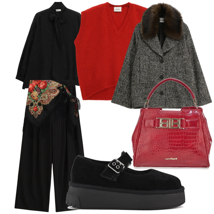 Outfit donna - Look. Stile Casual chic per Tutti i giorni. Abbinamento con pantaloni a palazzo, cappotti, camicie, maglieria, décolleté, borse a mano.