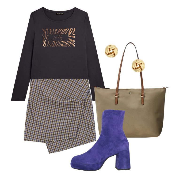 Outfit donna - Trendy in primavera. Stile Trendy per Tutti i giorni. Abbinamento con stivaletti, minigonne, t-shirt, borse tote, orecchini.