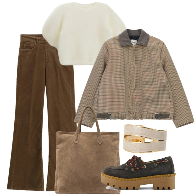 Outfit donna - Primavera. Stile Casual per Tutti i giorni. Abbinamento con t-shirt, bomber, jeans, anelli, mocassini, borse a mano.