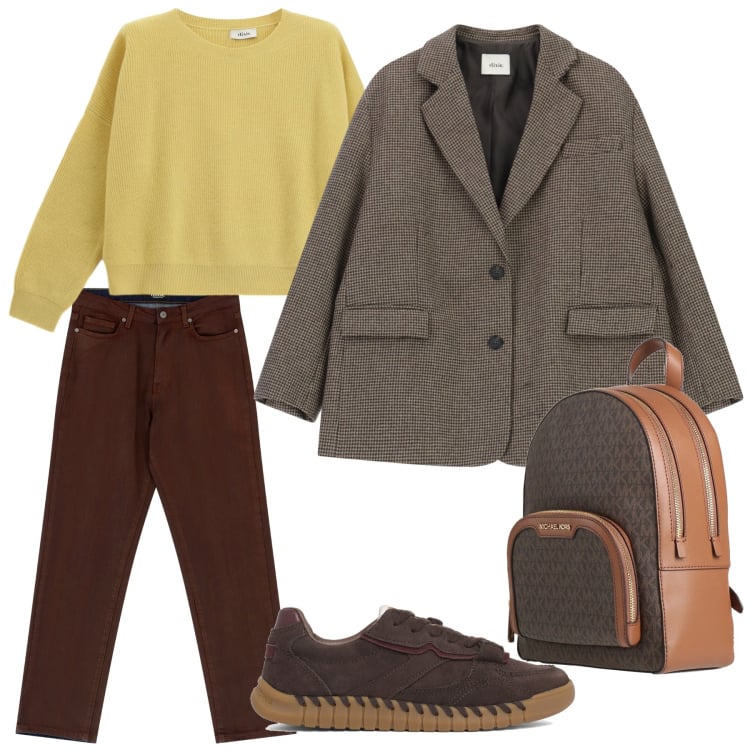 Outfit donna - Look. Stile Casual per Tutti i giorni. Abbinamento con zaini, pantaloni, blazer, maglieria, sneakers.