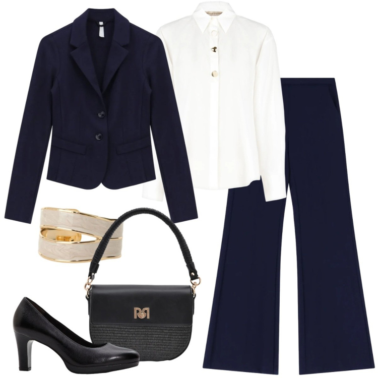 Outfit donna - Festa di laurea. Stile Mannish per Cerimonia. Abbinamento con décolleté, pantaloni, blazer, anelli, borse a spalla, camicie.