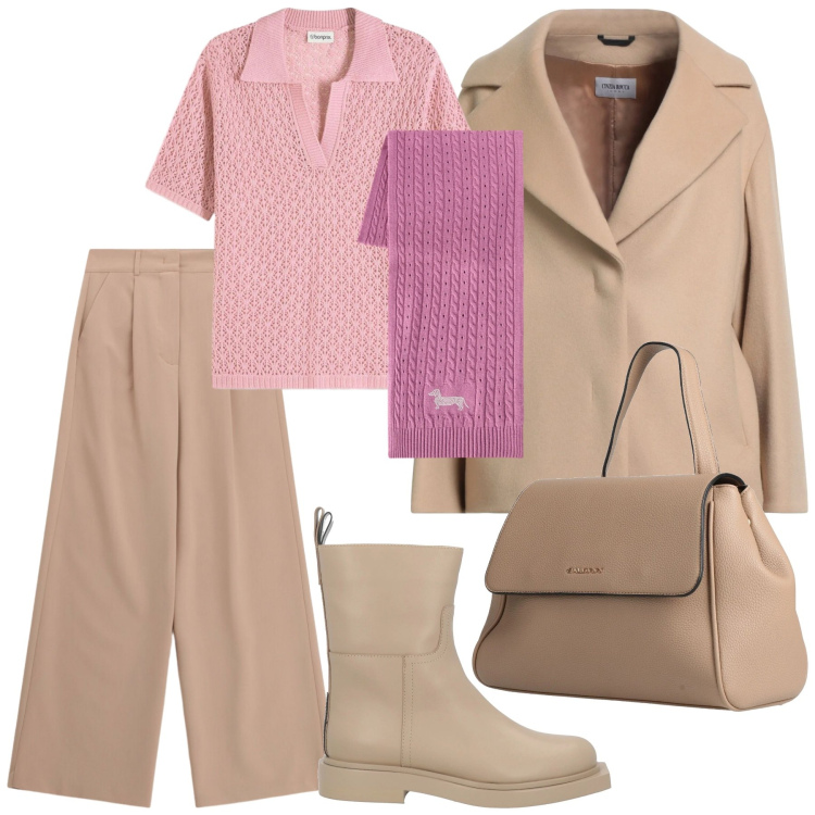 Outfit donna - Look. Stile Casual per Tutti i giorni. Abbinamento con cappotti, stivaletti, zaini, polo, sciarpe, pantaloni a palazzo.