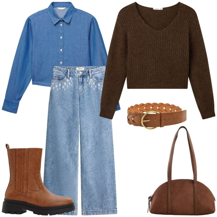 Outfit donna - Casual in jeans. Stile Casual per Tutti i giorni. Abbinamento con jeans, stivaletti chelsea, borse a tracolla, camicie, cinture, maglieria.