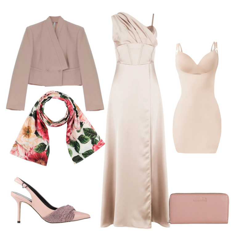 Outfit donna - Total look #2355071. Stile Glamour per Cerimonia. Abbinamento con décolleté, sciarpe, portafogli, blazer, vestiti lunghi, sottovesti.
