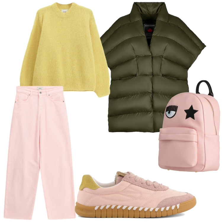 Outfit donna - Look. Stile Casual per Tutti i giorni. Abbinamento con zaini, maglieria, jeans, piumini, sneakers.