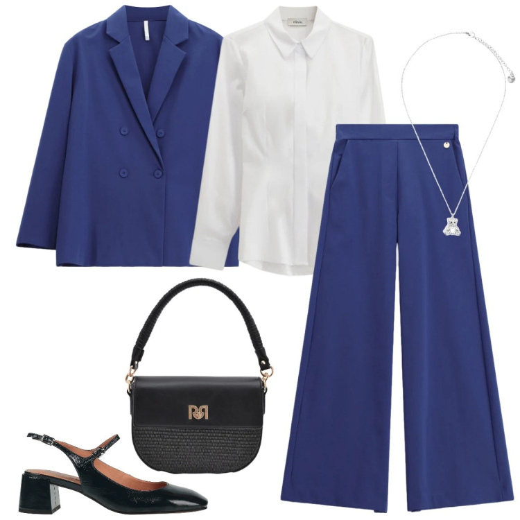 Outfit donna - Cerimonia informale. Stile Mannish per Cerimonia. Abbinamento con décolleté, pantaloni a palazzo, blazer, camicie, ciondoli, borse a spalla.
