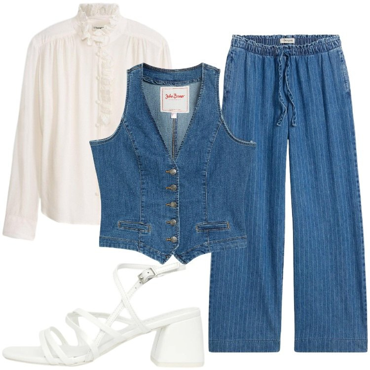 Outfit donna - Total look #2355078. Stile Boho per Tutti i giorni. Abbinamento con gilet, jeans, camicie, sandali col tacco.