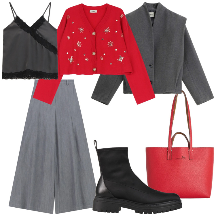 Outfit donna - Look. Stile Casual chic per Ufficio. Abbinamento con stivaletti, shopping bag, pantaloni a palazzo, blazer, top, cardigans.