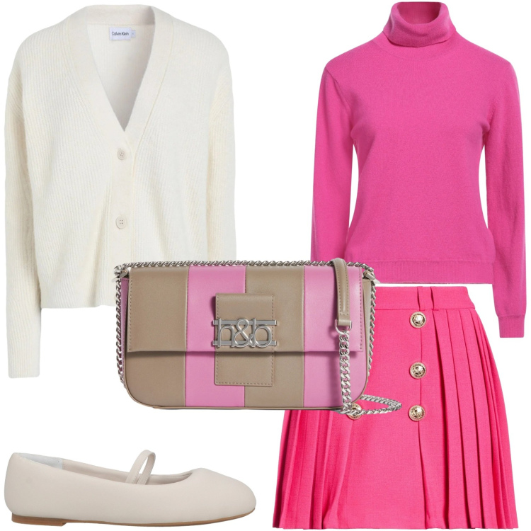 Outfit donna - Preppy in fucsia. Stile Preppy per Tutti i giorni. Abbinamento con maglieria, minigonne, cardigans, ballerine, borse a spalla.