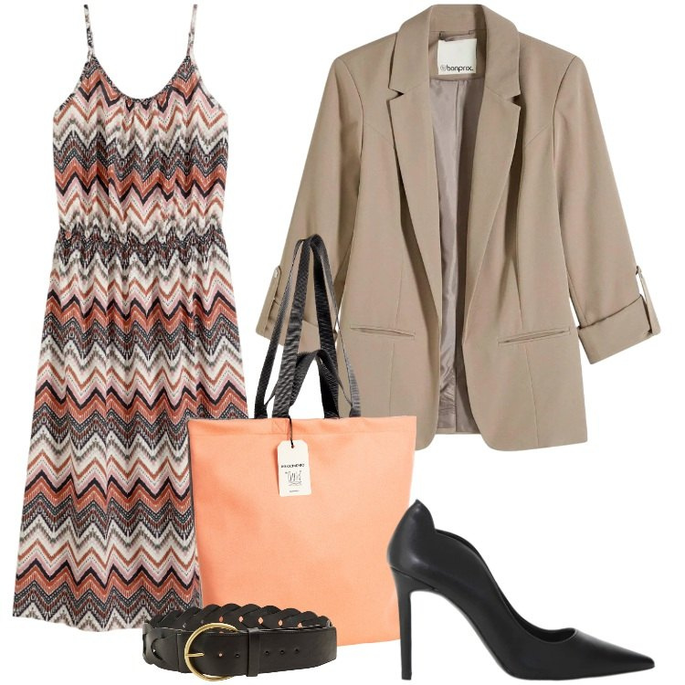 Outfit donna - Total look #2355084. Stile Boho per Ufficio. Abbinamento con vestiti, blazer, cinture, décolleté, borse tote.
