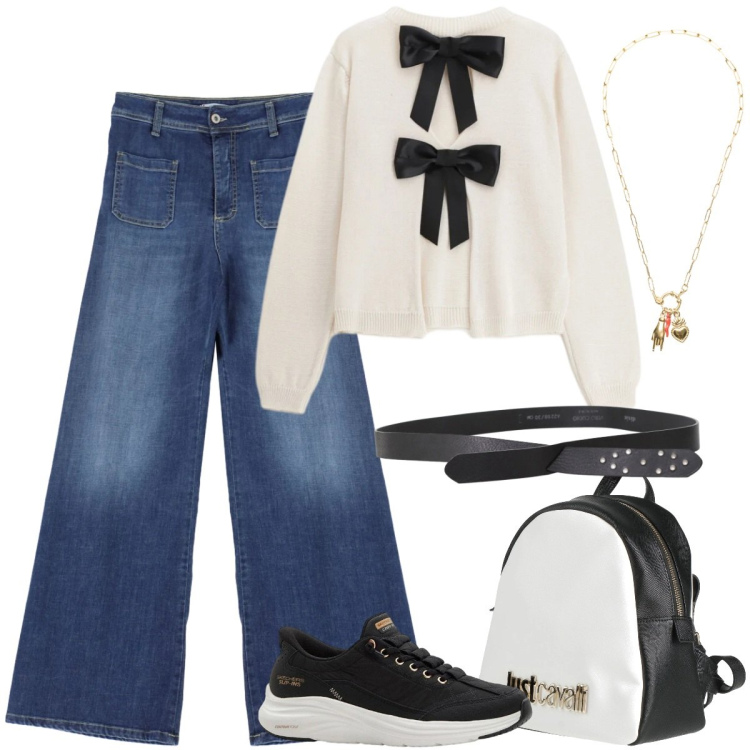 Outfit donna - Total look #2355094. Stile Casual chic per Tutti i giorni. Abbinamento con zaini, sneakers, cinture, maglieria, jeans, ciondoli.