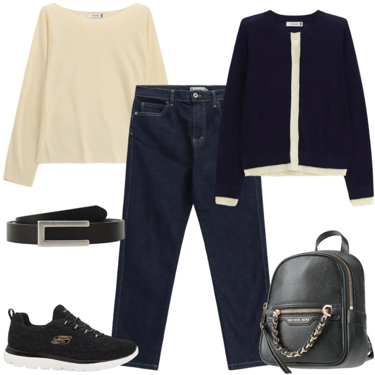 Outfit donna - Total look #2355099. Stile Casual chic per Ufficio. Abbinamento con zaini, sneakers, cinture, maglieria, cardigans, jeans dritti.