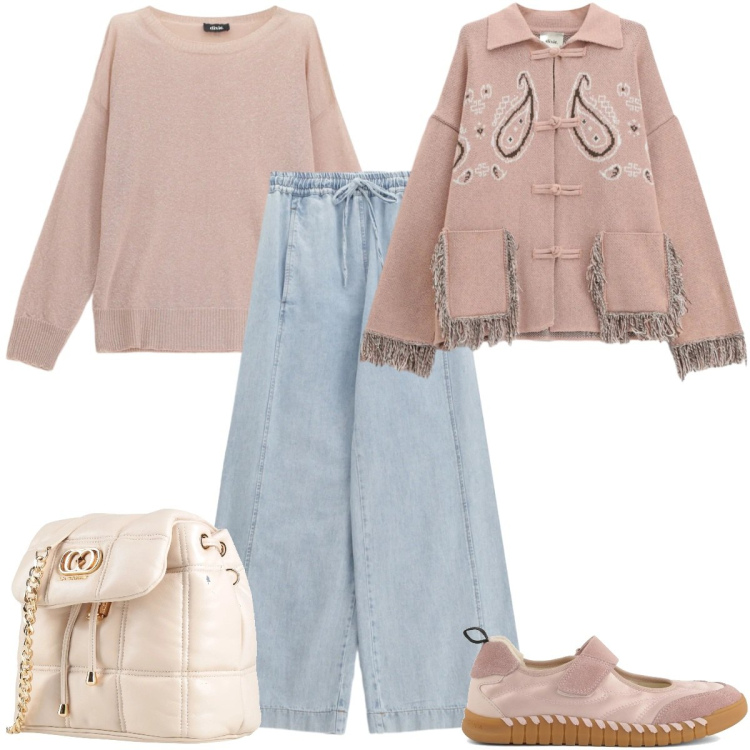 Outfit donna - Total look #2355115. Stile Boho per Tutti i giorni. Abbinamento con valigie, maglieria, jeans, cardigans, ballerine.