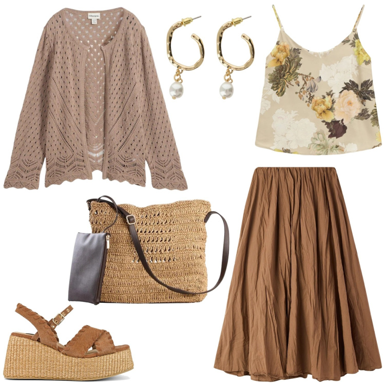 Outfit donna - Lo stile boho. Stile Boho per Tutti i giorni. Abbinamento con cardigans, borse a tracolla, gonne lunghe, top, orecchini, zeppe.