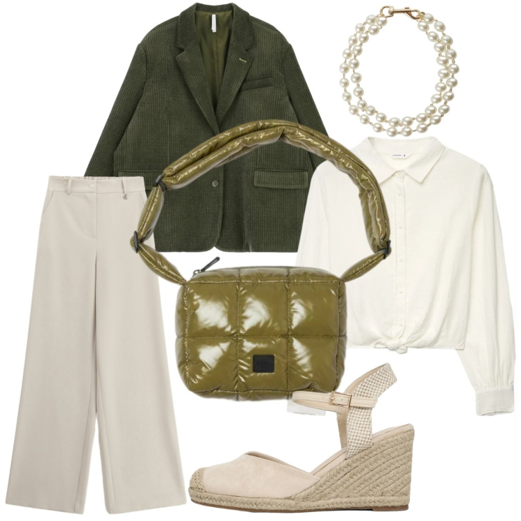 Outfit donna - Il8 blazer oliva. Stile Minimal per Tutti i giorni. Abbinamento con camicie, zeppe, blazer, braccialetti, pantaloni a palazzo, borse a spalla.