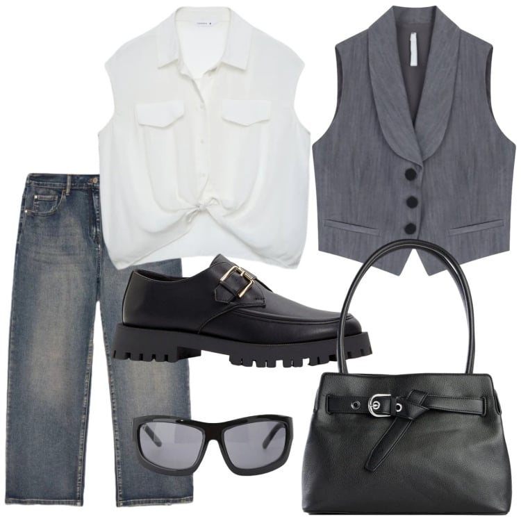 Outfit donna - Raffinata in jeans. Stile Trendy per Tutti i giorni. Abbinamento con mocassini, borse a mano, occhiali da sole, gilet, camicie, jeans.