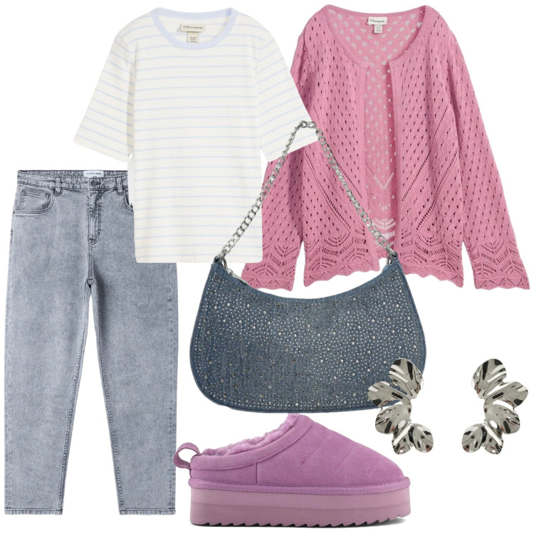 Outfit donna - Il cardigan pastello. Stile Minimal per Tutti i giorni. Abbinamento con cardigans, t-shirt, jeans mom, borse a tracolla, orecchini, sabot.