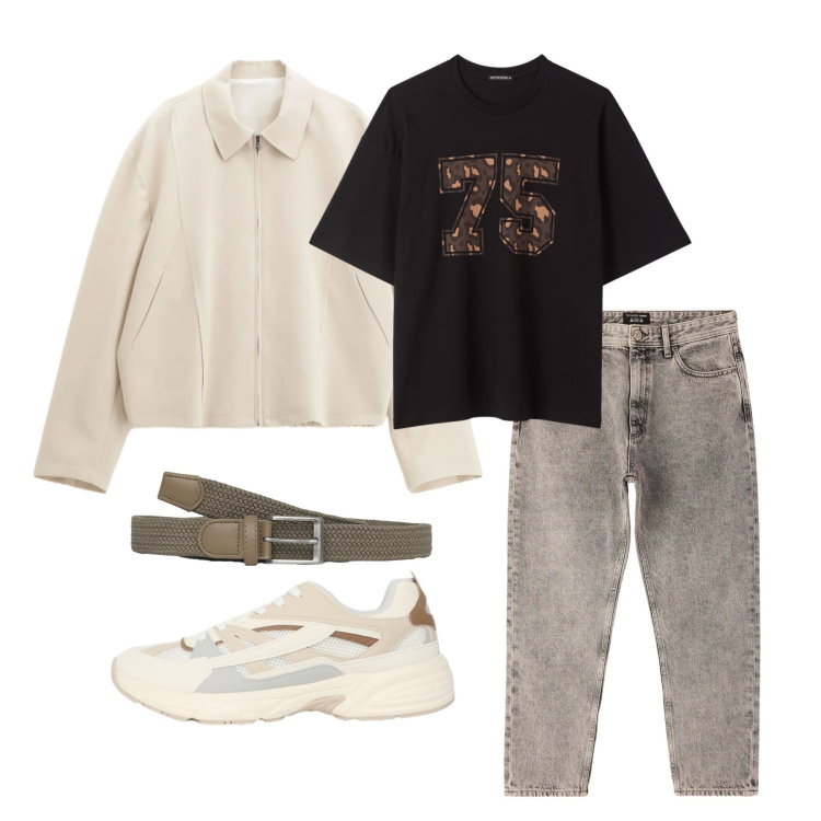 Outfit uomo - Marzo. Stile Trendy per Tutti i giorni. Abbinamento con cappotti, cinture, jeans dritti, sneakers, t-shirt.