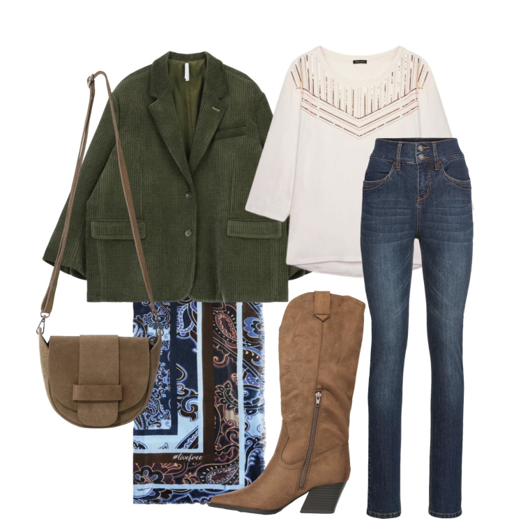 Outfit donna - Marzo. Stile Casual per Tutti i giorni. Abbinamento con jeans slim fit, stivali, blazer, foulard, t-shirt, borse a tracolla.