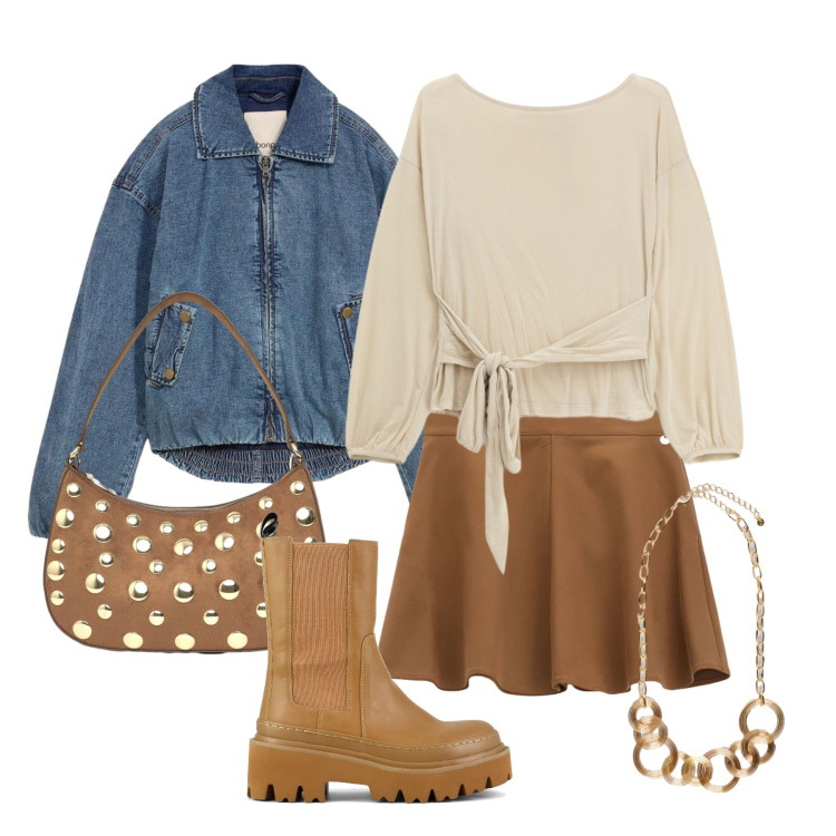 Outfit donna - Marzo. Stile Trendy per Tutti i giorni. Abbinamento con blazer, minigonne, borse a tracolla, collane, top, stivaletti chelsea.