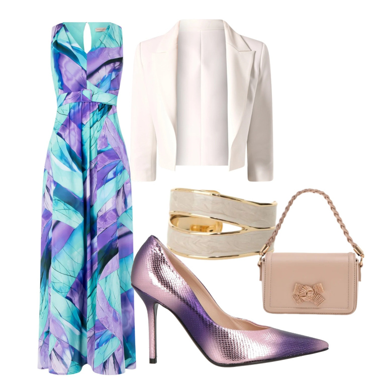 Outfit donna - Cerimonia colorata. Stile Chic per Cerimonia. Abbinamento con décolleté, anelli, blazer, pochette, vestiti lunghi.