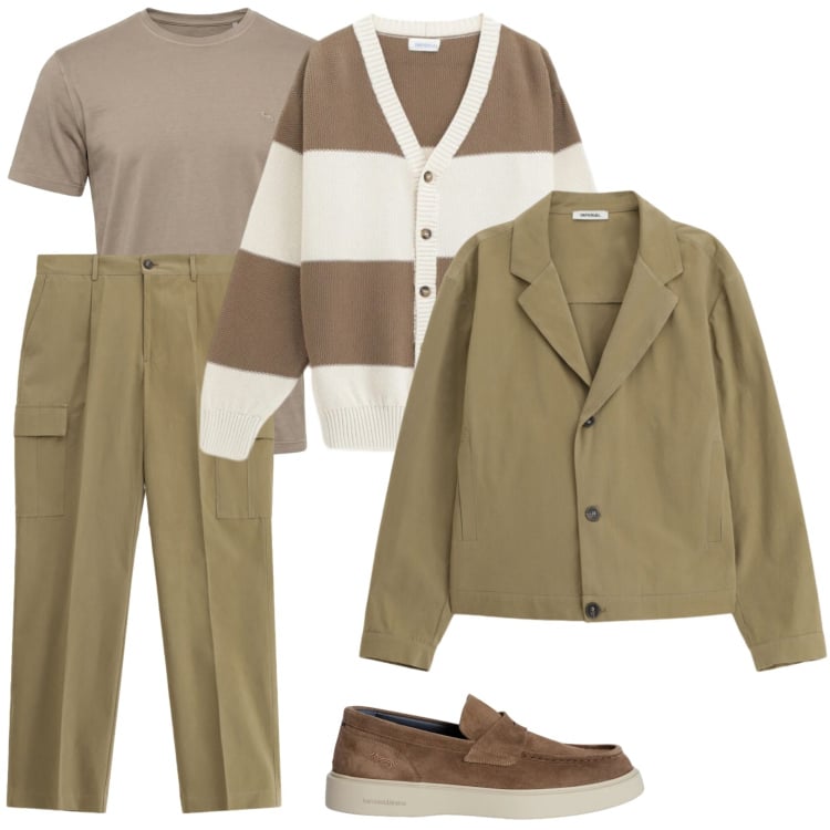 Outfit uomo - Layering a marzo. Stile Urban per Tutti i giorni. Abbinamento con scarpe stringate, t-shirt, pantaloni cargo, cardigans, giacche.
