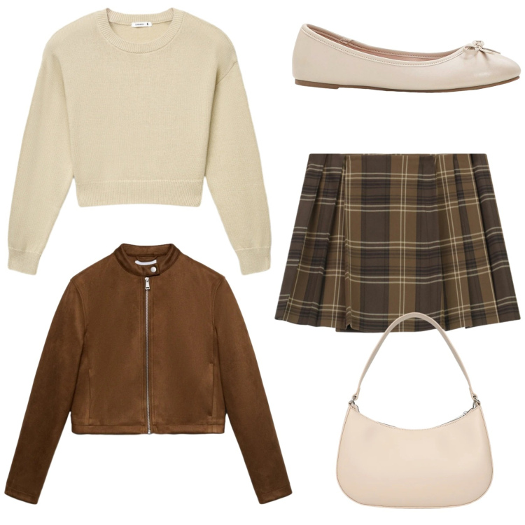 Outfit donna - Preppy girl. Stile Preppy per Scuola/Università. Abbinamento con ballerine, giacche, maglieria, borse a tracolla, minigonne.