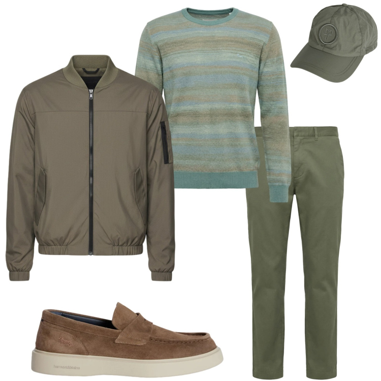 Outfit uomo - Marzo. Stile Urban per Tutti i giorni. Abbinamento con pantaloni cargo, scarpe stringate, cappelli, pullovers, bomber.
