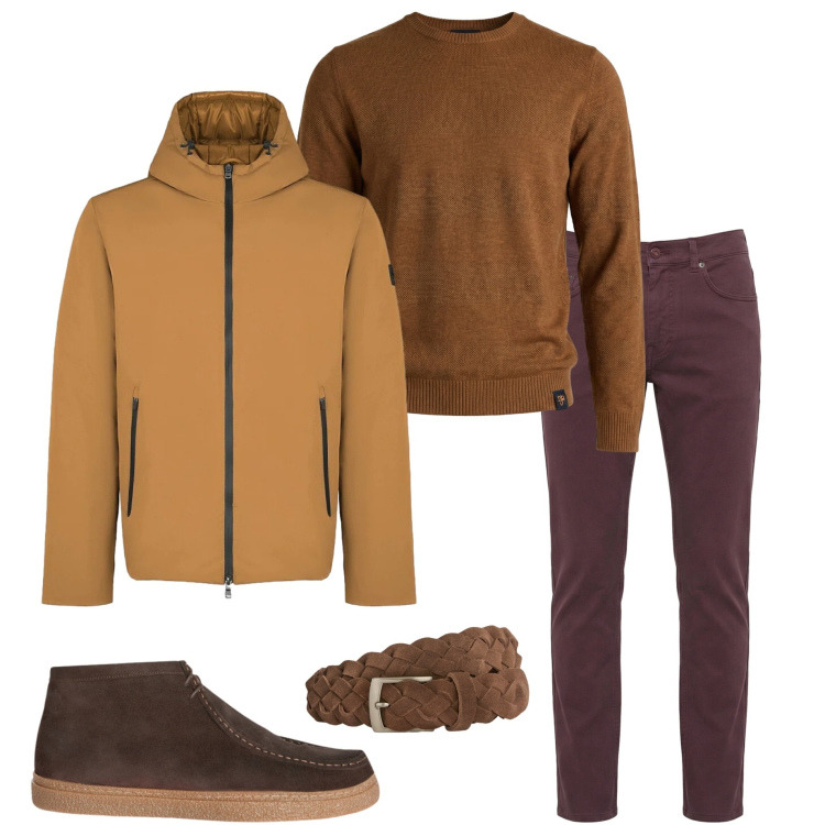 Outfit uomo - Tonalità calde. Stile Urban per Ufficio. Abbinamento con cinture, stivali e stivaletti, pantaloni, maglieria, parka.