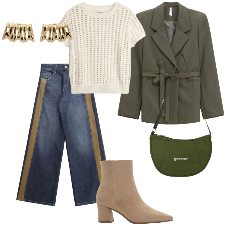 Outfit donna - Lunedì. per Tutti i giorni. Abbinamento con stivaletti, bluse, blazer, orecchini, borse a spalla, jeans a zampa.