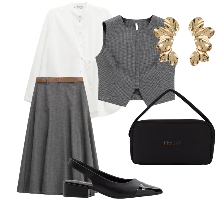 Outfit donna - Grigio e bianco. per Ufficio. Abbinamento con décolleté, gilet, orecchini, borse a mano, gonne lunghe, camicie.