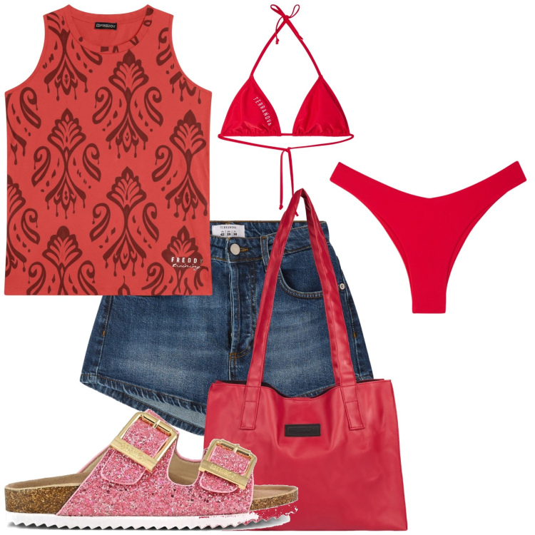 Outfit donna - Mare rosso. Stile Casual per Mare. Abbinamento con shorts, bikini, bikini, canottiere, shopping bag, sandali.