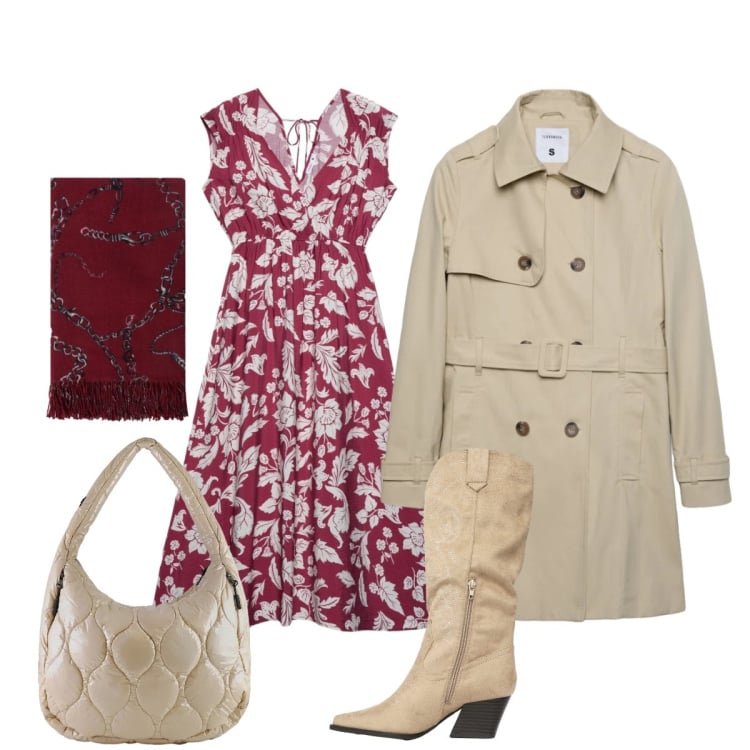 Outfit donna - Il trench ideale per marzo. Stile Glamour per Tutti i giorni. Abbinamento con stivali, trench, vestiti midi/longuette, sciarpe, borse tote.