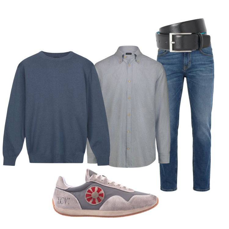 Outfit uomo - In ufficio. Stile Casual per Ufficio. Abbinamento con jeans, cinture, maglieria, sneakers, camicie.