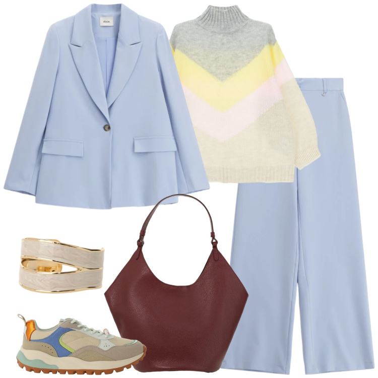 Outfit donna - Un luminoso lunedì. Stile Casual chic per Ufficio. Abbinamento con sneakers, pantaloni a palazzo, blazer, maglieria, anelli, borse a spalla.