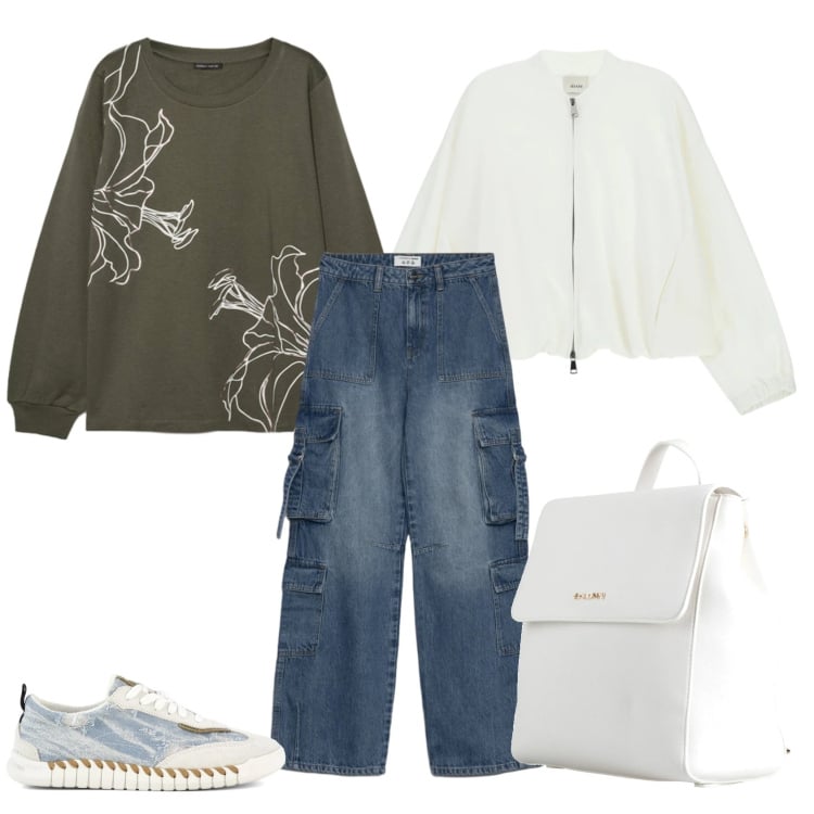 Outfit donna - Total look #2355383. Stile Casual per Tutti i giorni. Abbinamento con zaini, jeans, felpe, bomber, sneakers.